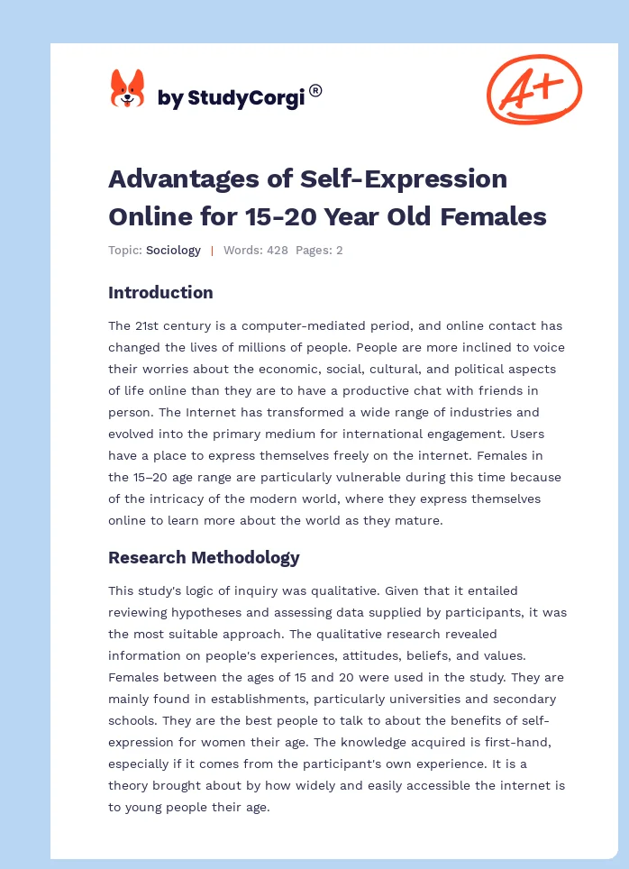 Advantages of Self-Expression Online for 15-20 Year Old Females. Page 1