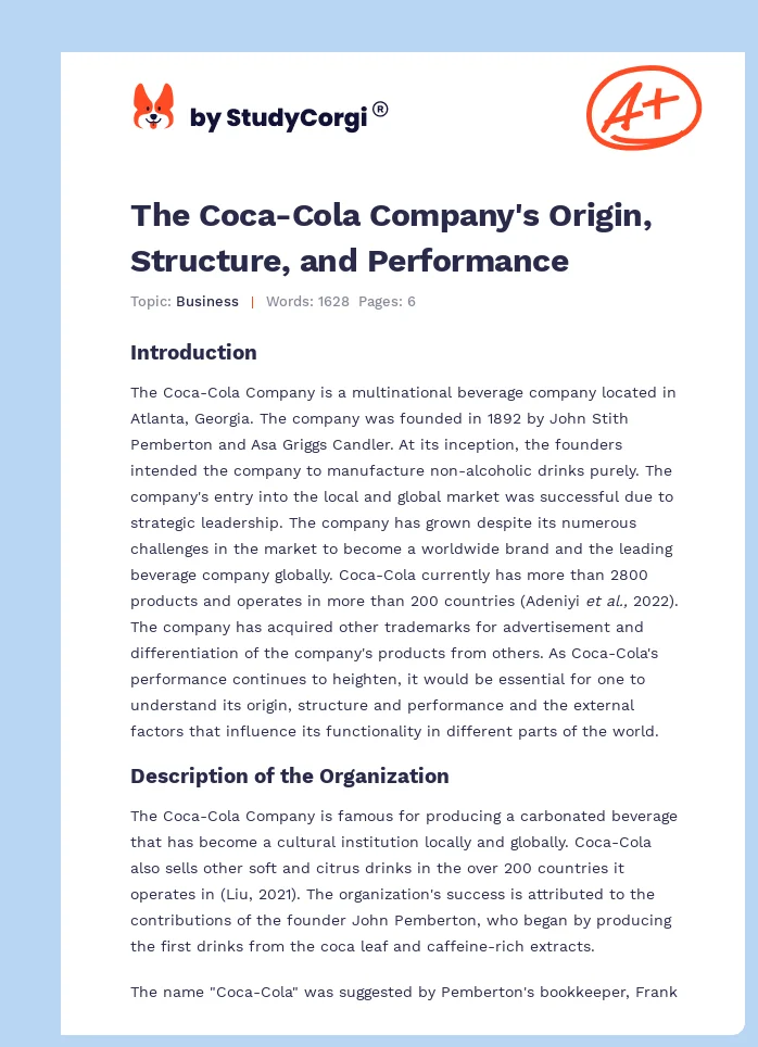 The Coca-Cola Company's Origin, Structure, and Performance. Page 1
