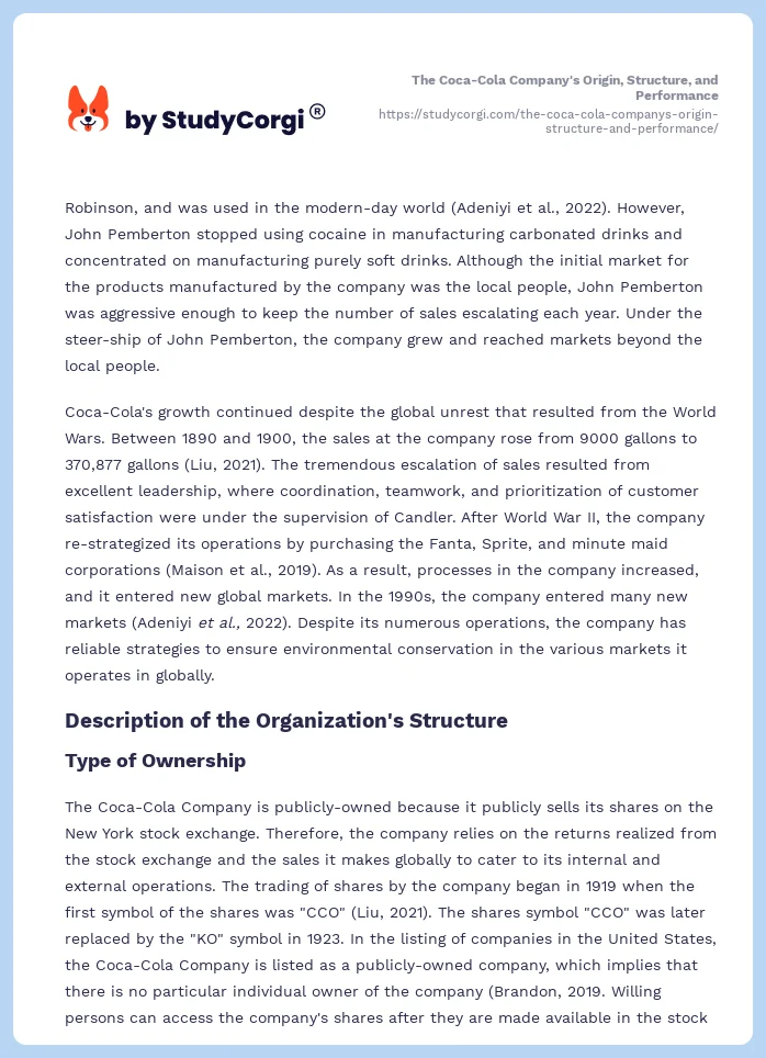 The Coca-Cola Company's Origin, Structure, and Performance. Page 2