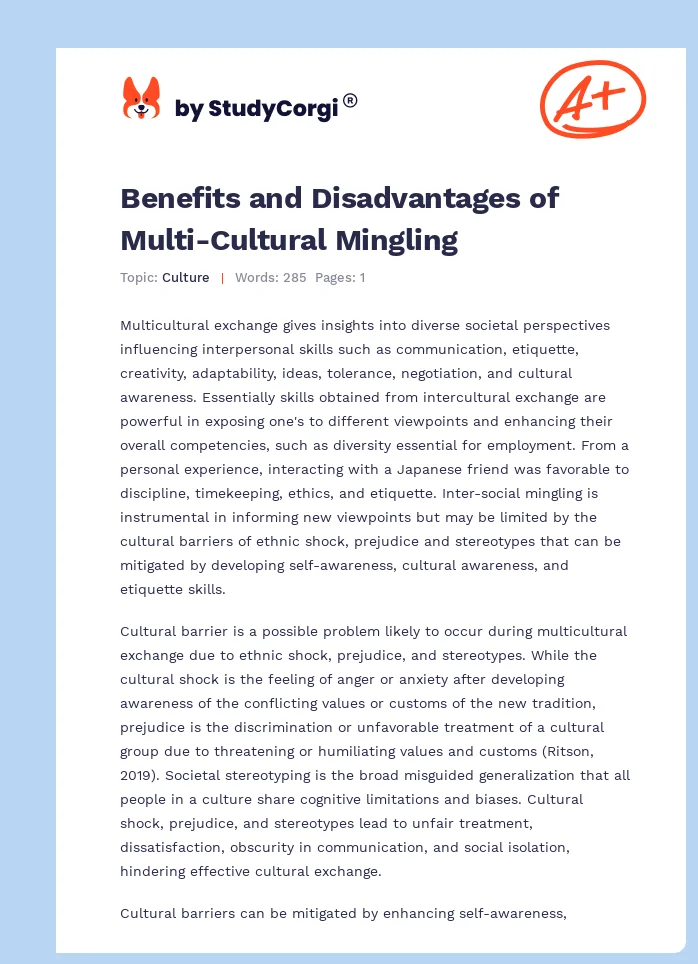 Benefits and Disadvantages of Multi-Cultural Mingling. Page 1