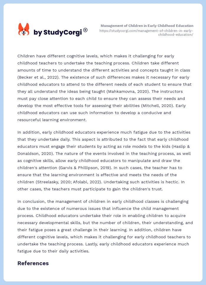 Management of Children in Early Childhood Education. Page 2