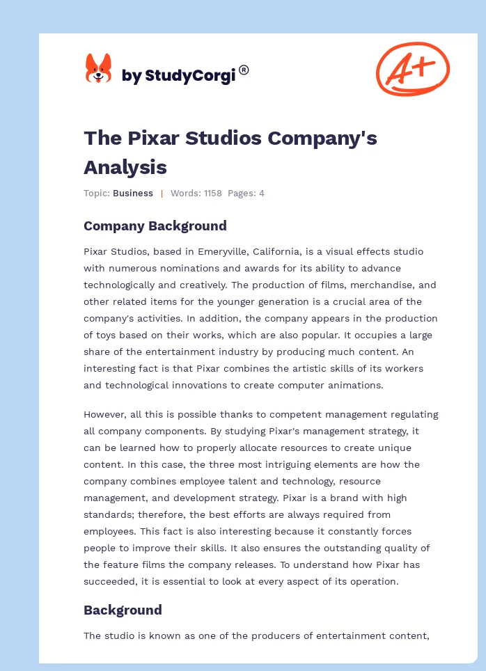 The Pixar Studios Company's Analysis. Page 1