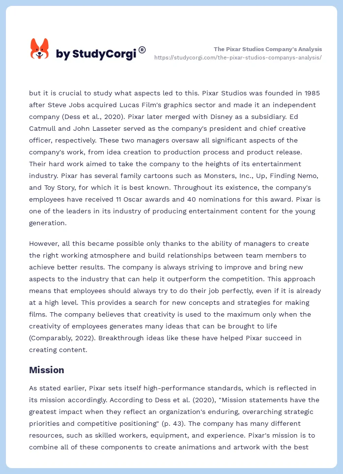 The Pixar Studios Company's Analysis. Page 2