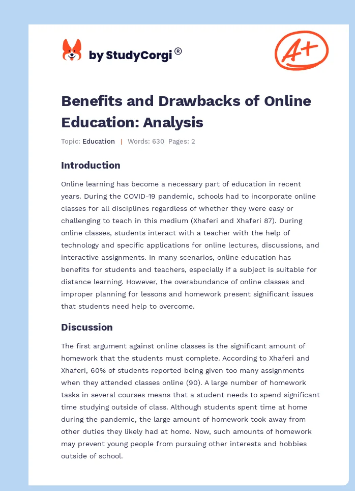 Benefits and Drawbacks of Online Education: Analysis. Page 1