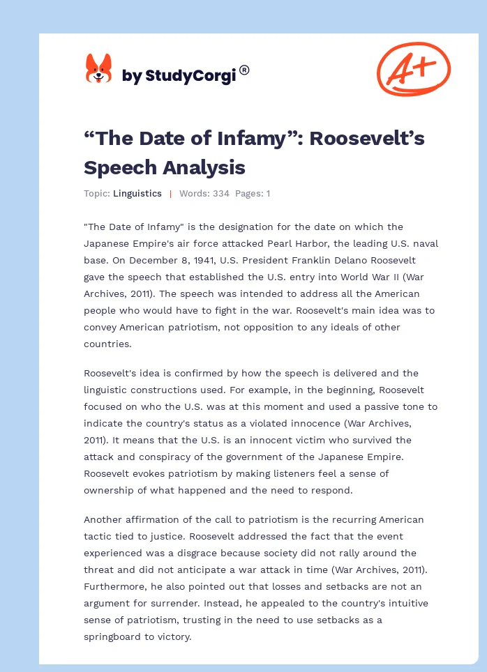 “The Date of Infamy”: Roosevelt’s Speech Analysis. Page 1