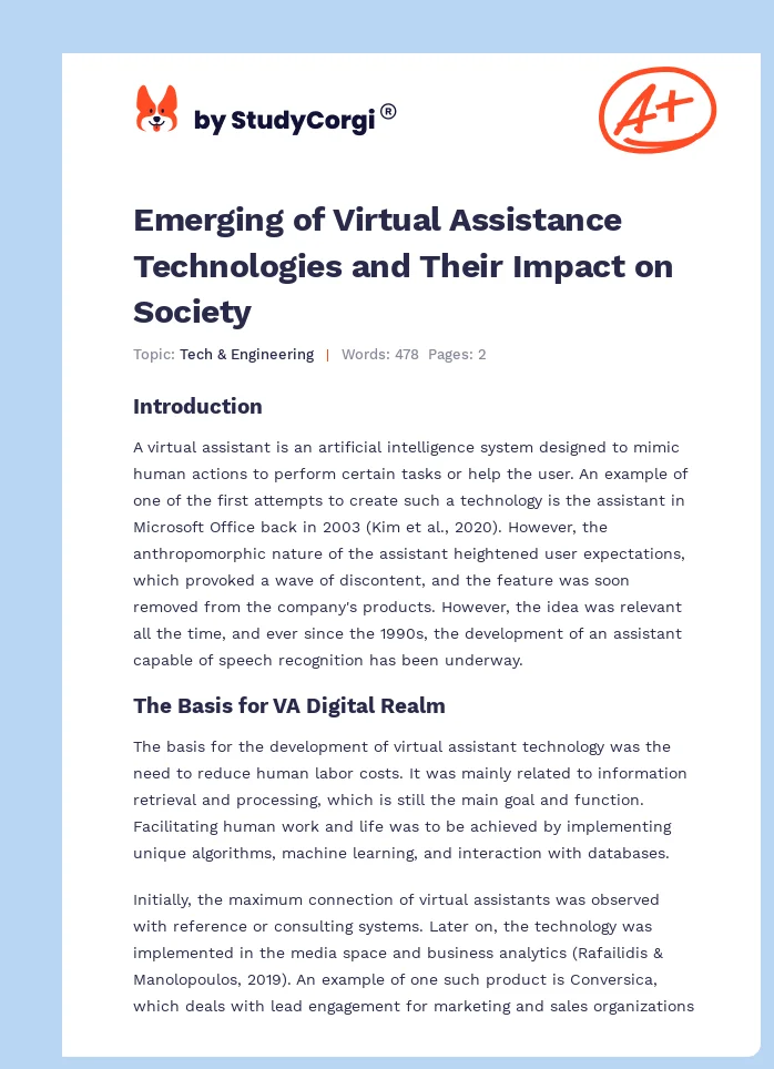 Emerging of Virtual Assistance Technologies and Their Impact on Society. Page 1
