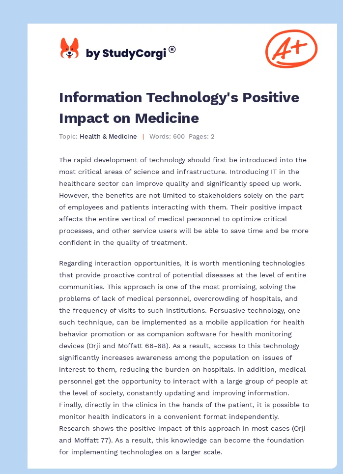Information Technology's Positive Impact on Medicine. Page 1