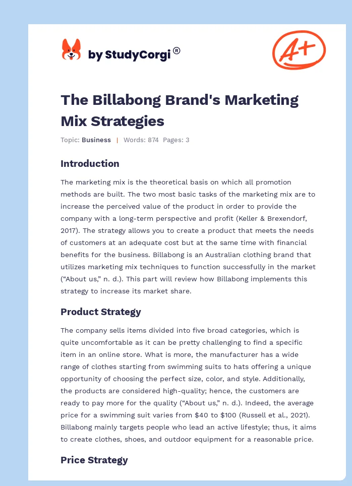 The Billabong Brand's Marketing Mix Strategies. Page 1