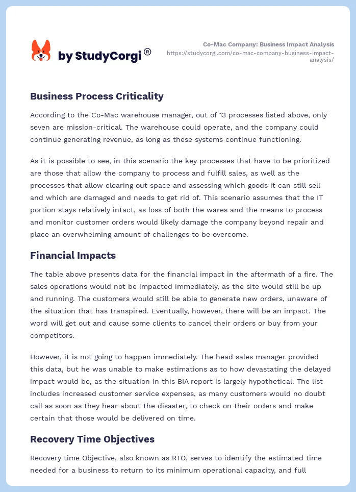 Co-Mac Company: Business Impact Analysis. Page 2