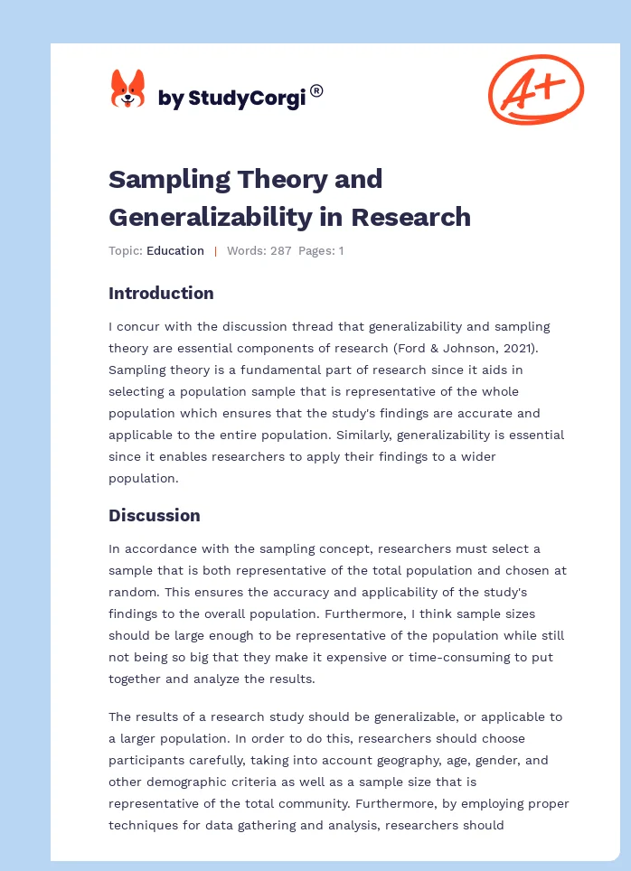 Sampling Theory and Generalizability in Research. Page 1
