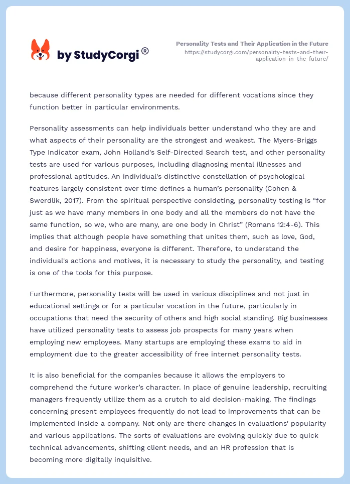 Personality Tests and Their Application in the Future. Page 2