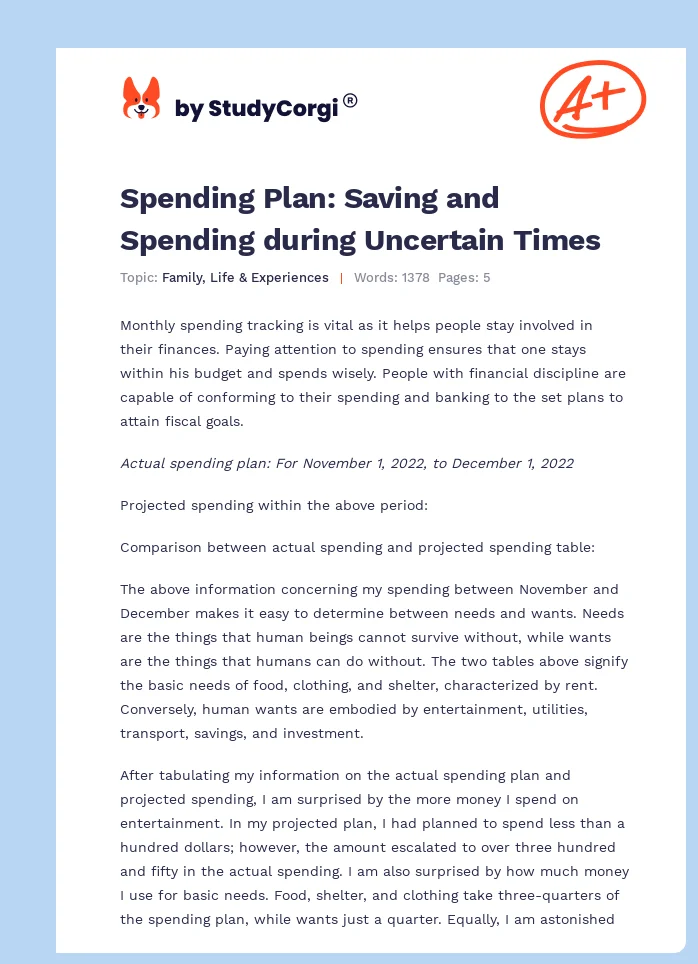 Spending Plan: Saving and Spending during Uncertain Times. Page 1