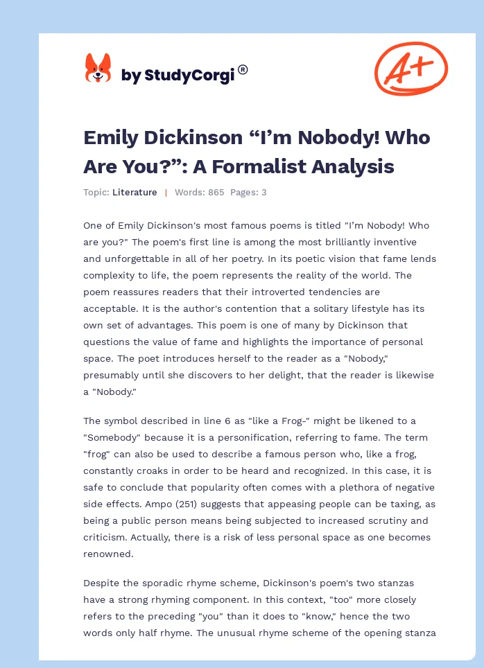 Emily Dickinson “I’m Nobody! Who Are You?”: A Formalist Analysis. Page 1
