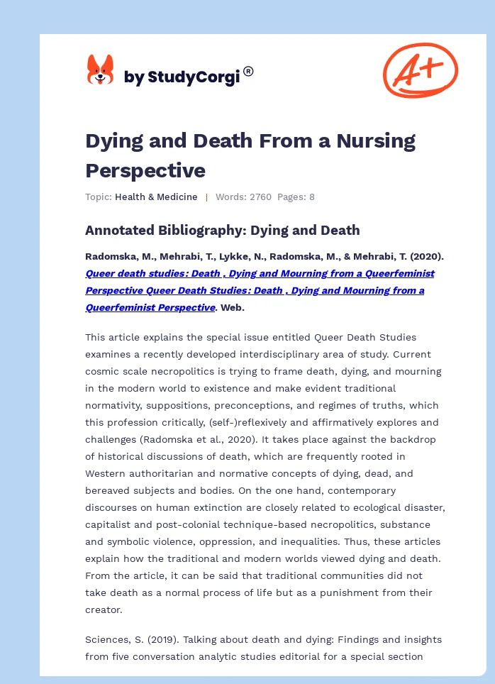 Dying and Death From a Nursing Perspective. Page 1