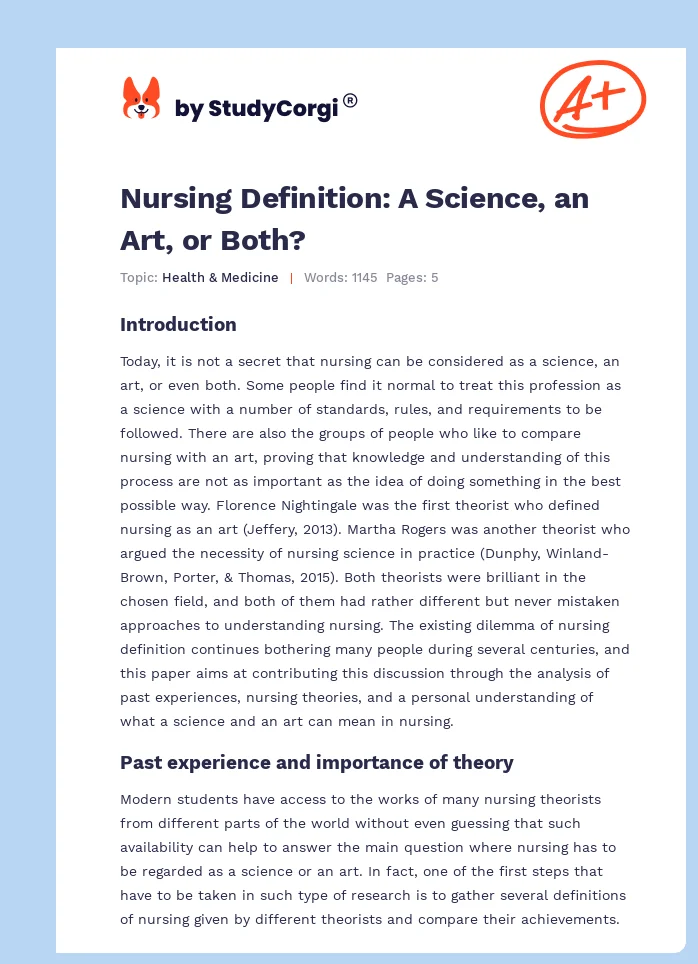 Nursing Definition: A Science, an Art, or Both?. Page 1