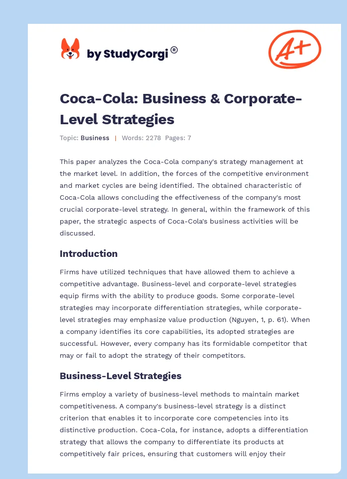 Coca-Cola: Business & Corporate-Level Strategies. Page 1