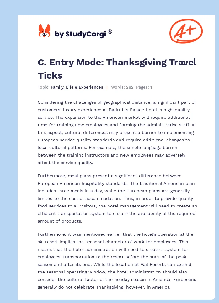 C. Entry Mode: Thanksgiving Travel Ticks. Page 1