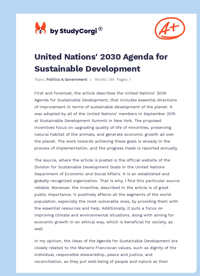 United Nations' 2030 Agenda for Sustainable Development. Page 1