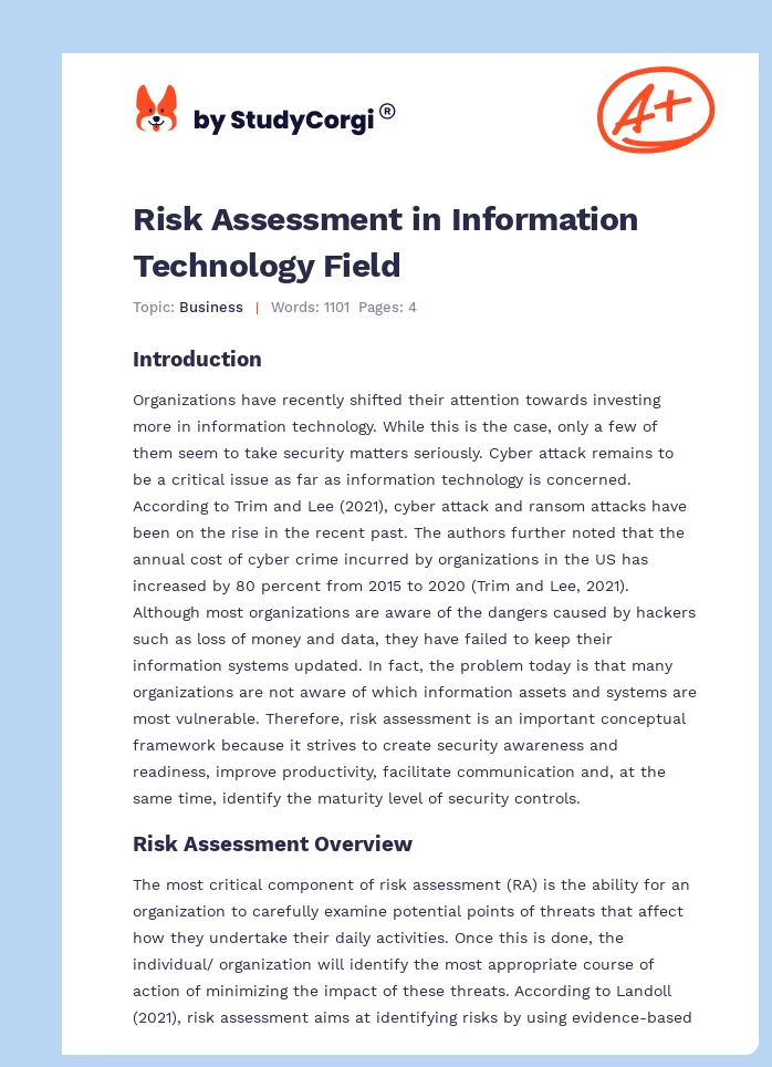 Risk Assessment in Information Technology Field. Page 1