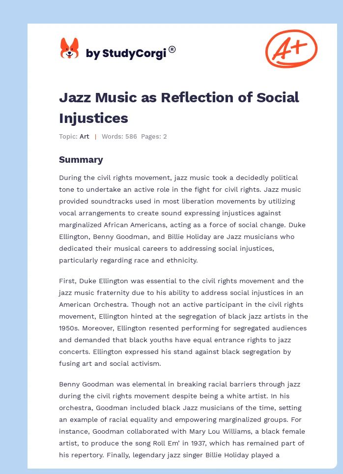 Jazz Music as Reflection of Social Injustices. Page 1