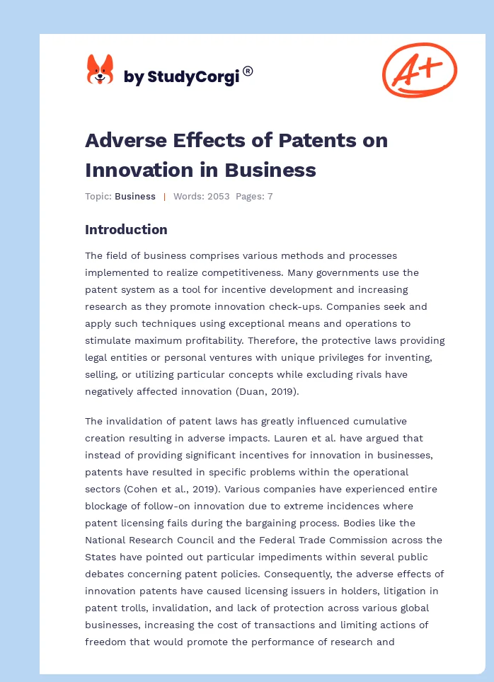 Adverse Effects of Patents on Innovation in Business. Page 1