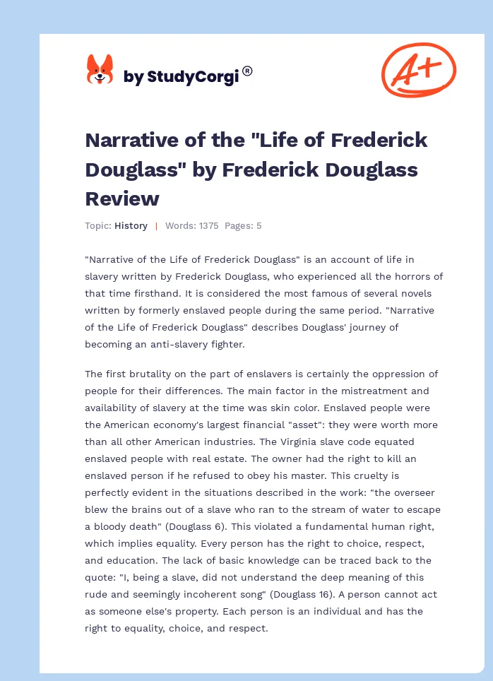Narrative of the "Life of Frederick Douglass" by Frederick Douglass Review. Page 1