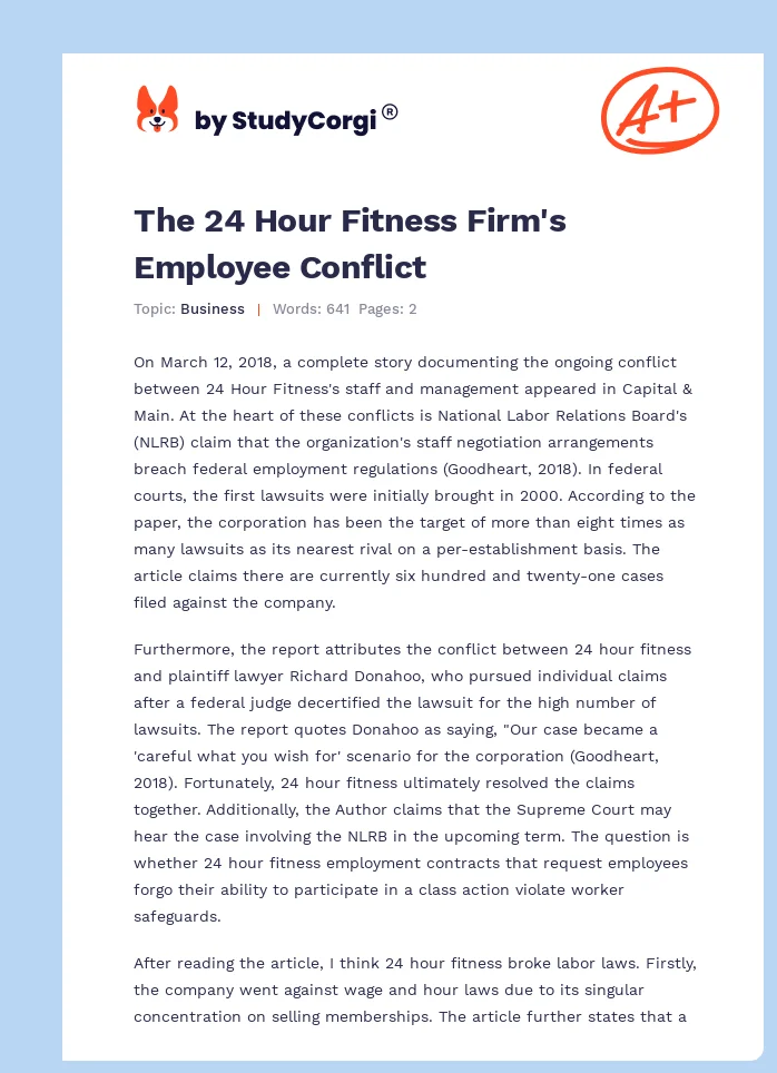 The 24 Hour Fitness Firm's Employee Conflict. Page 1