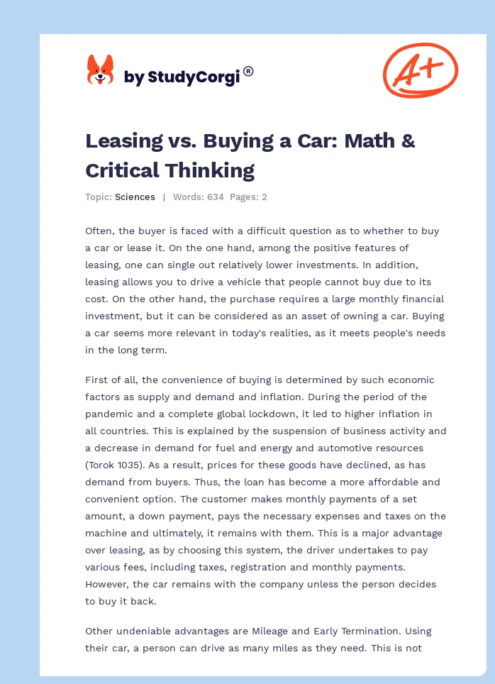 Leasing vs. Buying a Car: Math & Critical Thinking. Page 1
