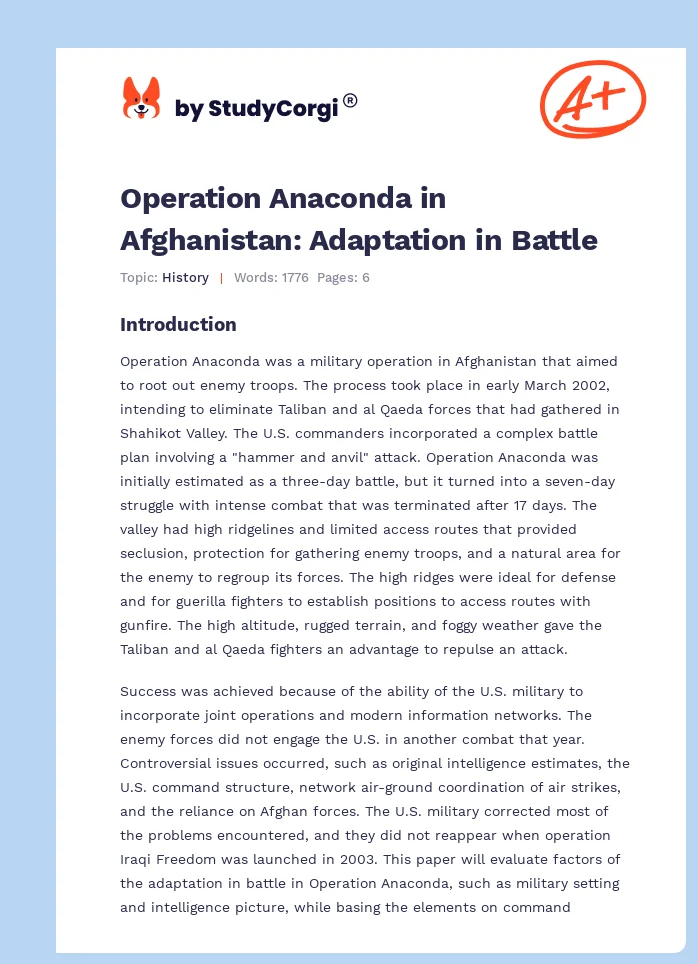 Operation Anaconda in Afghanistan: Adaptation in Battle. Page 1