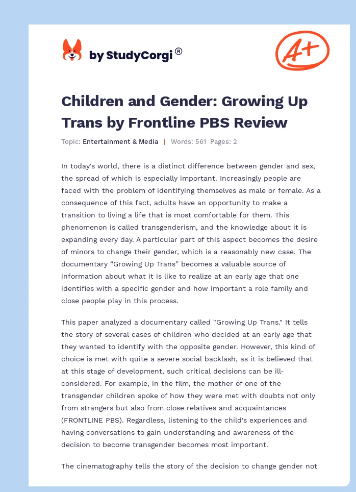 Children and Gender: Growing Up Trans by Frontline PBS Review. Page 1