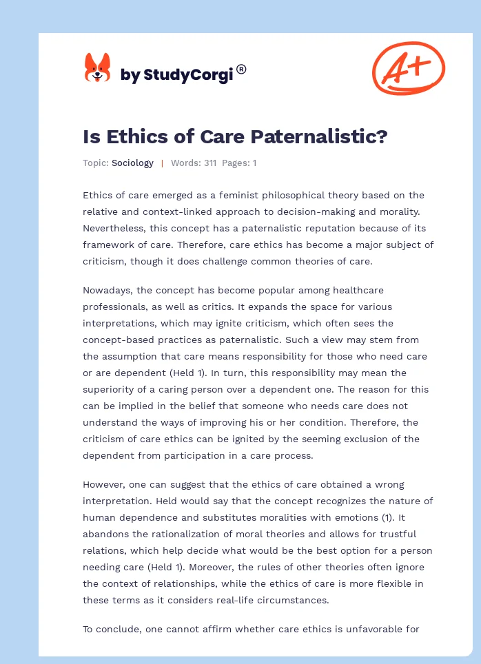 Is Ethics of Care Paternalistic?. Page 1