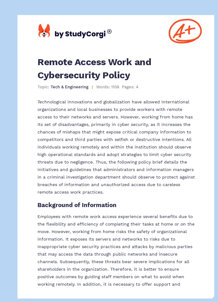 Remote Access Work and Cybersecurity Policy. Page 1