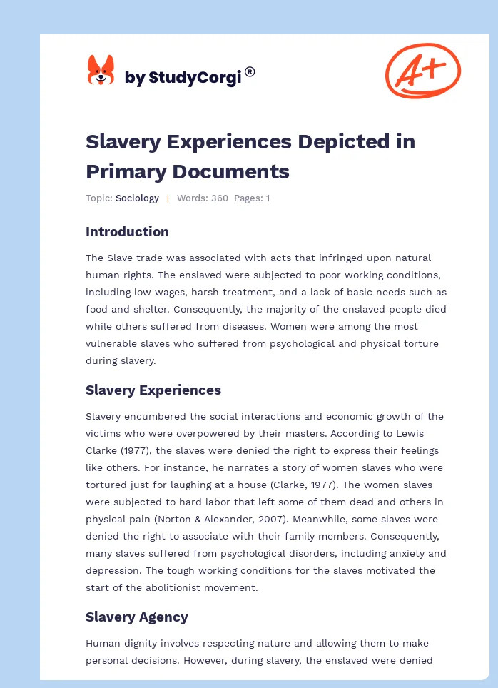 Slavery Experiences Depicted in Primary Documents. Page 1
