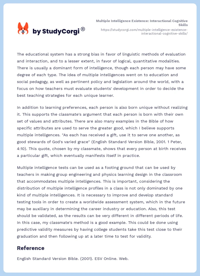 Multiple Intelligence Existence: Interactional Cognitive Skills. Page 2