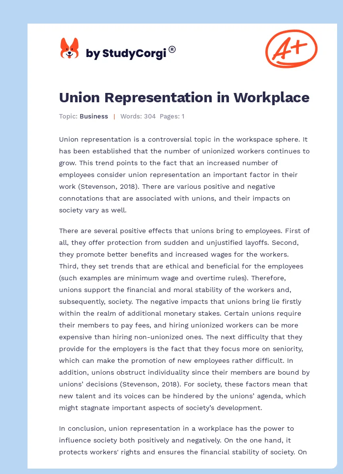 Union Representation in Workplace. Page 1