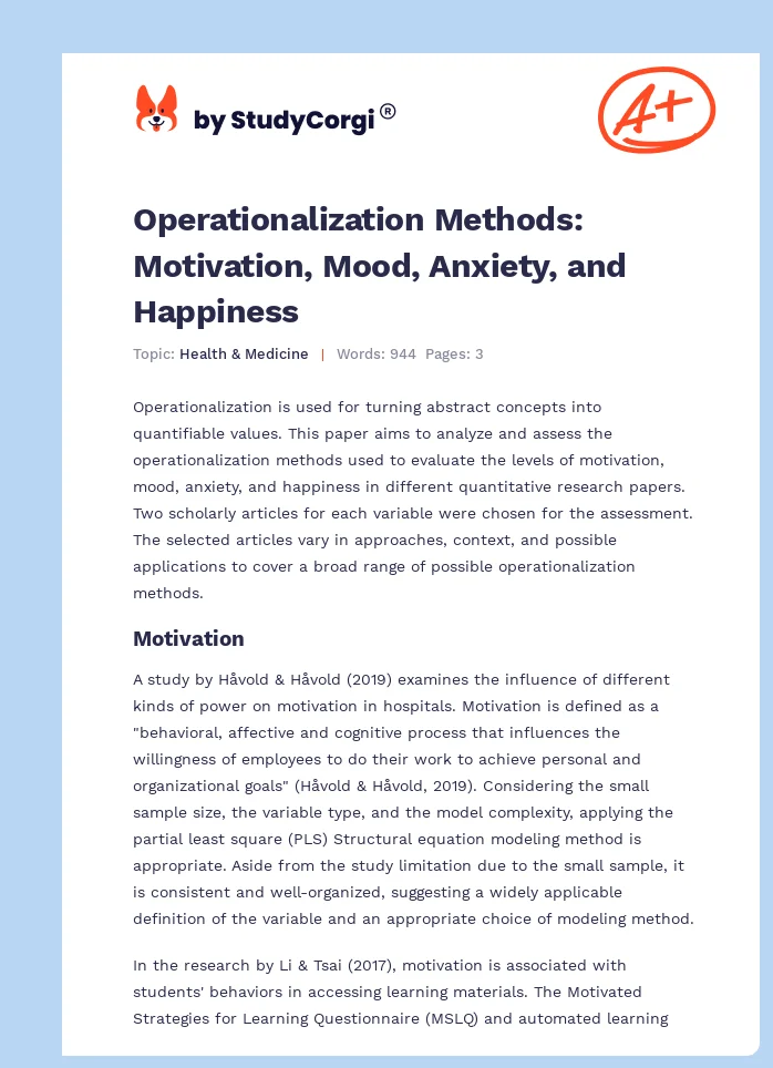 Operationalization Methods: Motivation, Mood, Anxiety, and Happiness. Page 1