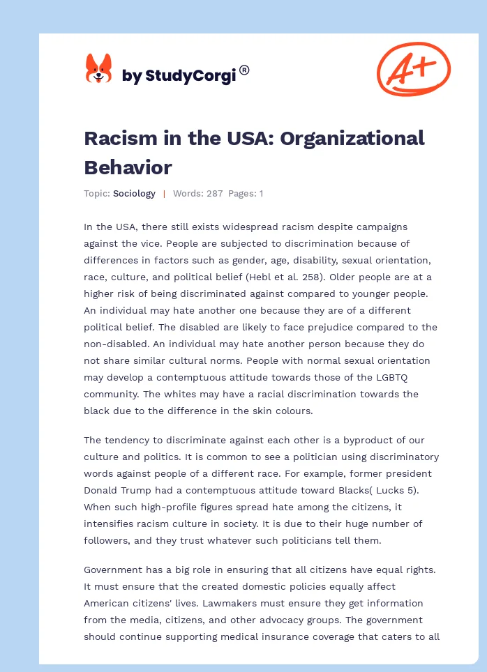 Racism in the USA: Organizational Behavior. Page 1