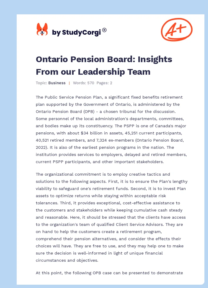 Ontario Pension Board: Insights From our Leadership Team. Page 1