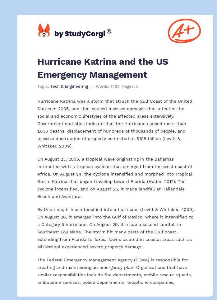 Hurricane Katrina and the US Emergency Management. Page 1