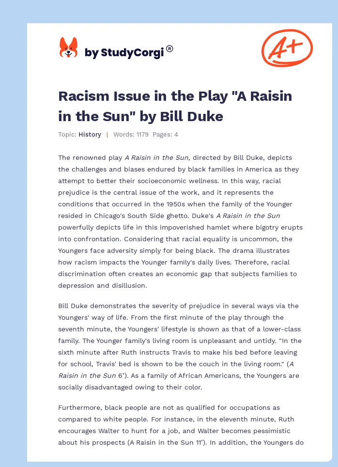 Racism Issue in the Play "A Raisin in the Sun" by Bill Duke. Page 1