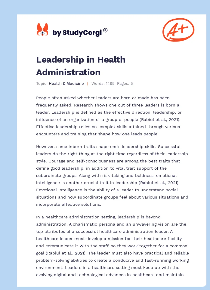 Leadership in Health Administration. Page 1
