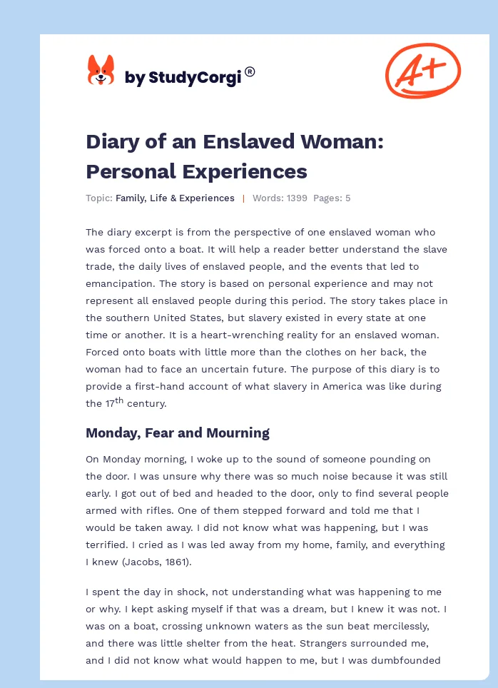 Diary of an Enslaved Woman: Personal Experiences. Page 1