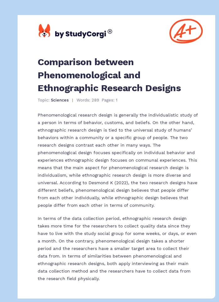 Comparison between Phenomenological and Ethnographic Research Designs. Page 1