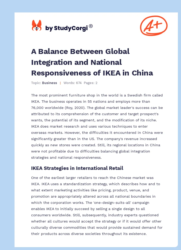 A Balance Between Global Integration and National Responsiveness of IKEA in China. Page 1
