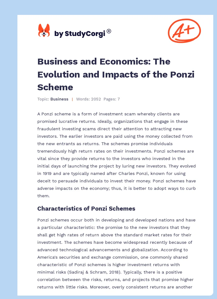 Business and Economics: The Evolution and Impacts of the Ponzi Scheme. Page 1