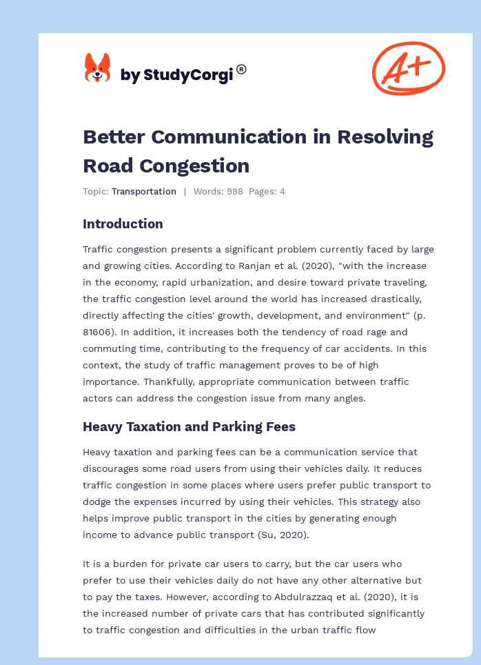 Better Communication in Resolving Road Congestion. Page 1