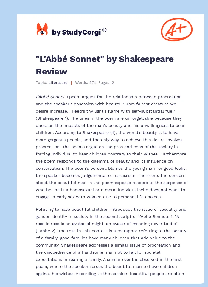 "L'Abbé Sonnet" by Shakespeare Review. Page 1