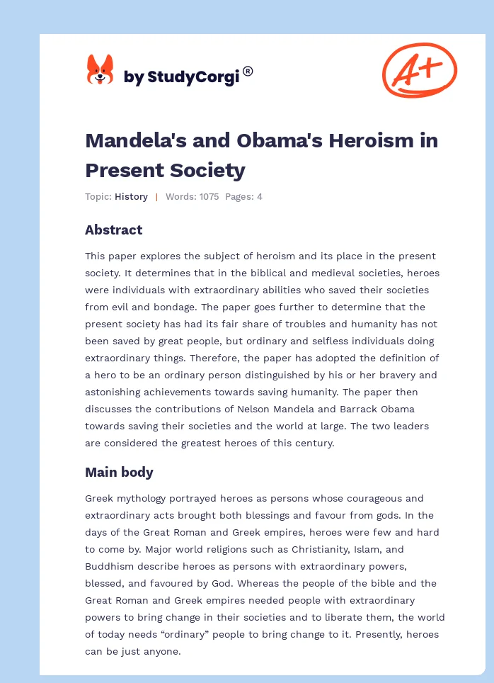 Mandela's and Obama's Heroism in Present Society. Page 1