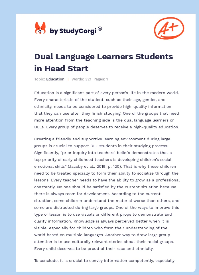 Dual Language Learners Students in Head Start. Page 1