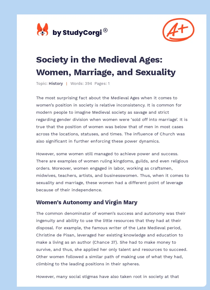 Society in the Medieval Ages: Women, Marriage, and Sexuality. Page 1
